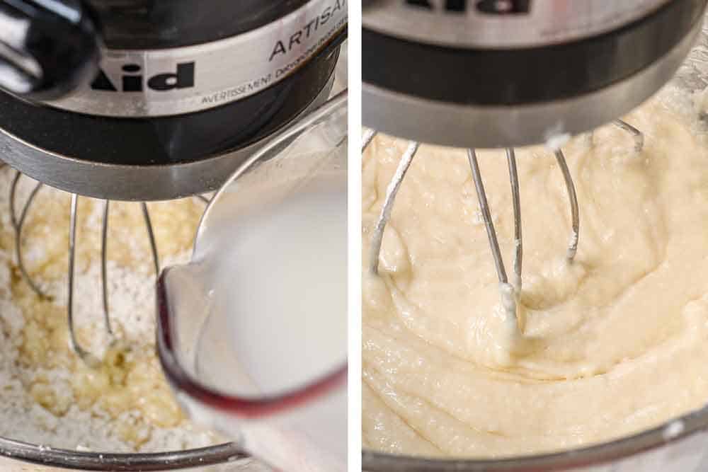 showing how to make coconut cake by adding the dry ingredients alternating with the cream of coconut/water mixture, then mixing until smooth