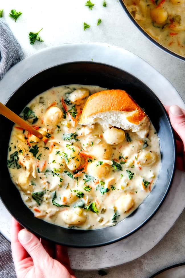 top view of healthy chicken gnocchi soup recipe