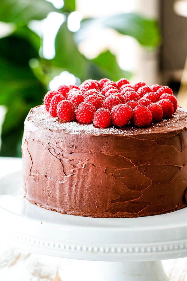 Dark Chocolate Raspberry Cake on a white pedestal with raspberries on top