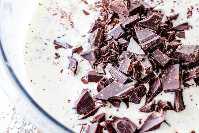 5 Minute Fool Proof Chocolate Ganache (sauce) is silky, creamy, sweet and 1,000 TIMES BETTER than any store bought chocolate sauce. Perfect for brownies, ice cream, cakes, popcorn, strawberries, etc showing how to make chocolate ganache by adding chopped chocolate to heavy cream in a glass bowl to melt