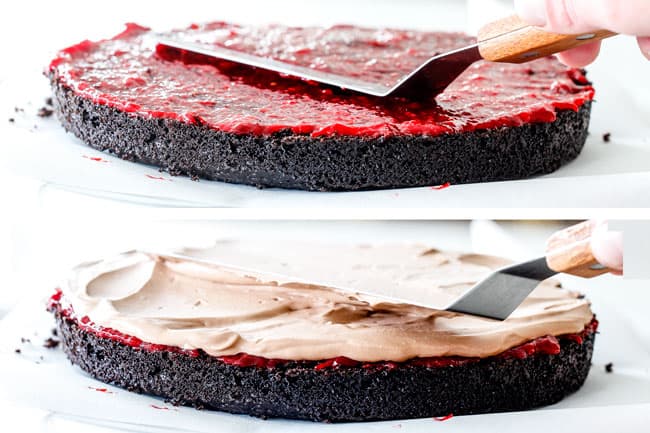 showing how to frost moist Chocolate Raspberry Cake by frosting chocolate cake layer with raspberry jam followed by chocolate mascarpone
