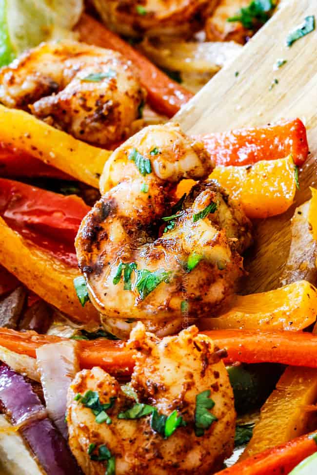 Up close of sheet pans shrimp fajitas baked in the oven