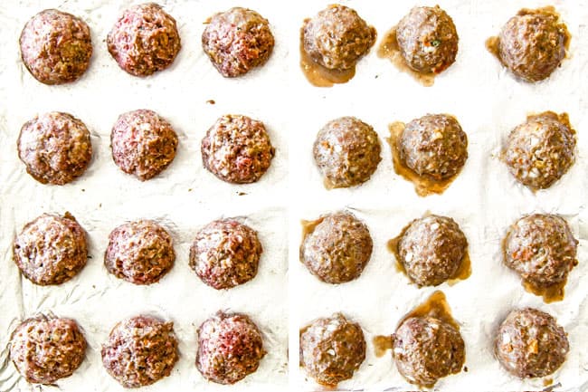 Showing how to make Swedish Meatballs by placing them on a baking sheet to bake in the oven