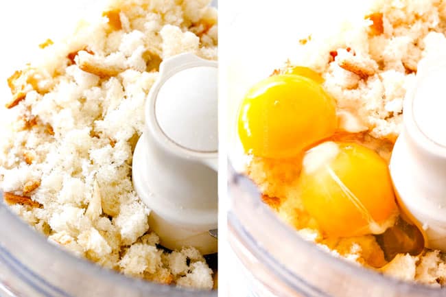 Showing how to make Swedish Meatballs by adding eggs onions and bread to food processor