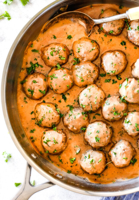 Top view of Swedish Meatballs in skillet with easy creamy gravy