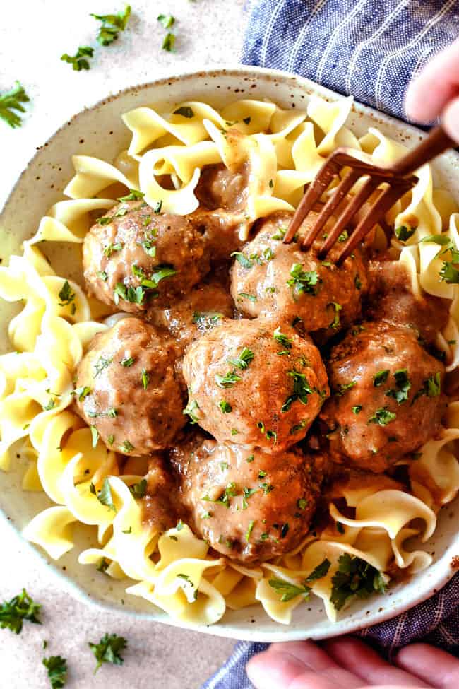 top view of Swedish Meatballs with egg noodles on a plate