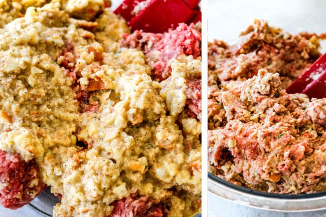 Showing how to make Swedish Meatballs by mixing meatball mixture with bread and milk mixture