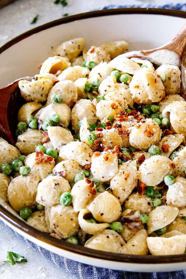 Side view of Creamy Pasta Salad with Peas and Bacon