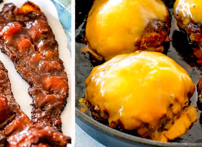 up close of cheese melting on a burger in a skillet