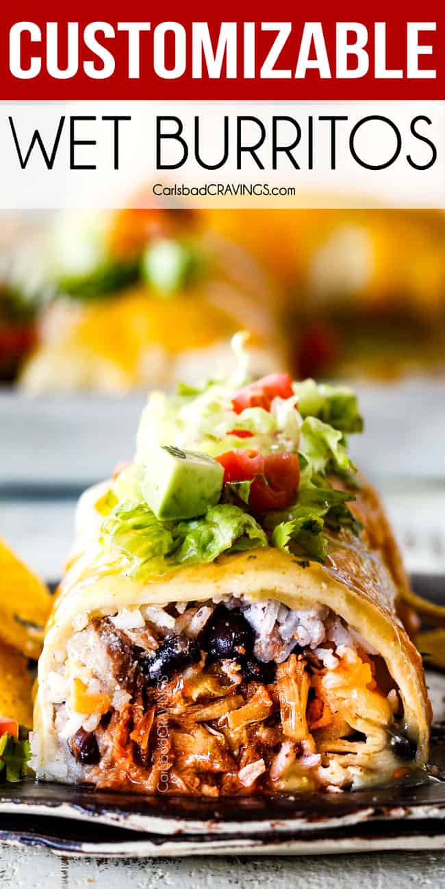 crazy delicious, easy WET BURRITOS with your choice of Barbacoa, Chipotle Sweet Pork, Carnitas or Mexican Chicken, loaded with rice, beans and cheese then smothered in red or green enchilada sauce for the ultimate easy Mexican comfort food!