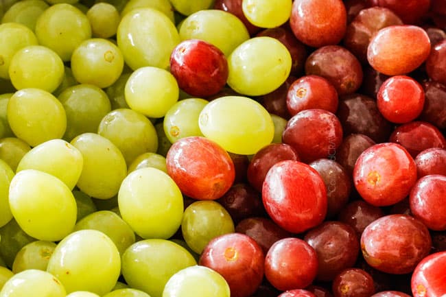 up close of green and red grapes for Grape Salad- ingredients for grape salad