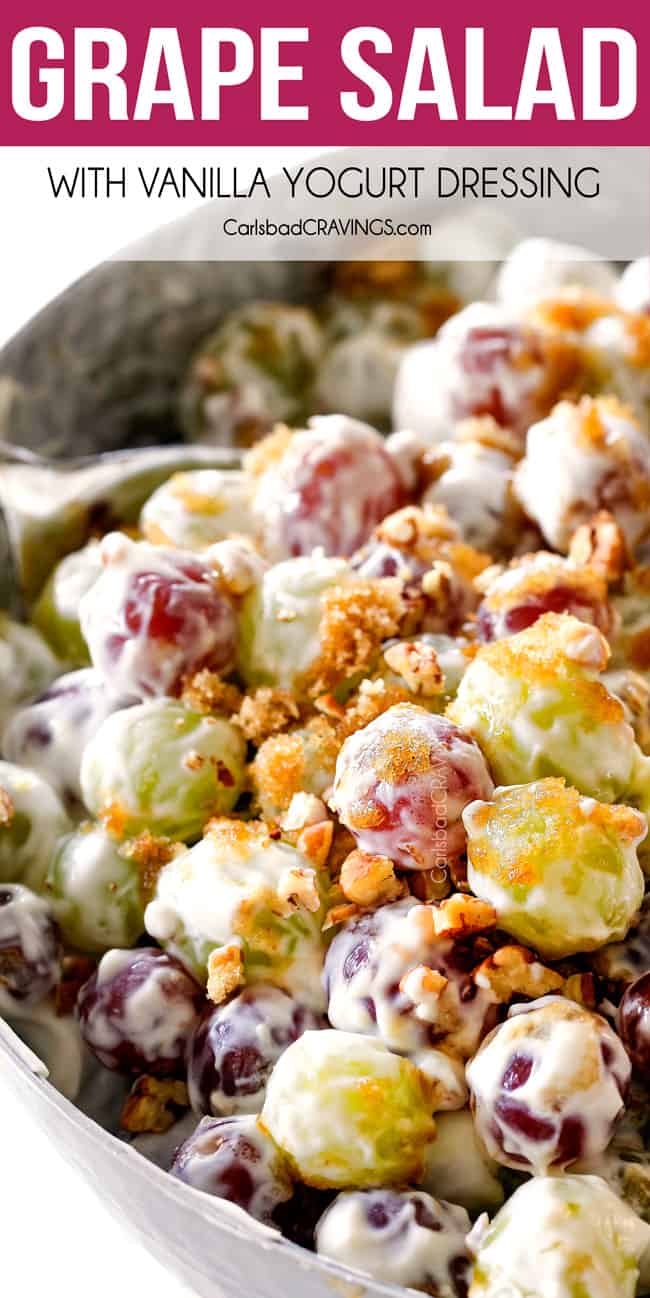 up close of best grape salad with brown sugar and pecans