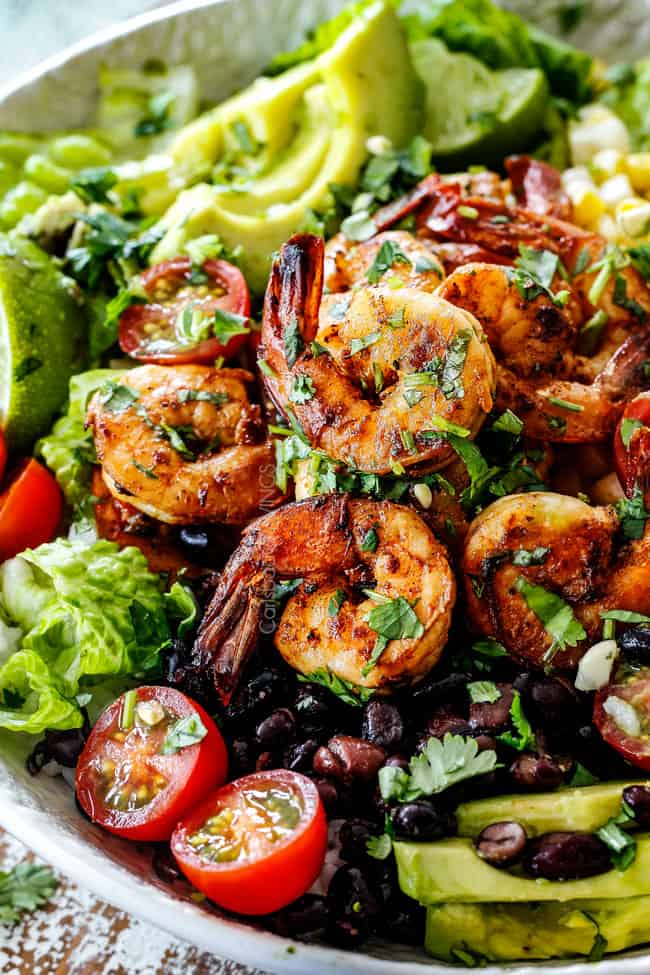 Chipotle Burrito Bowl with shrimp, tomatoes, avocados, corn, black beans and rice