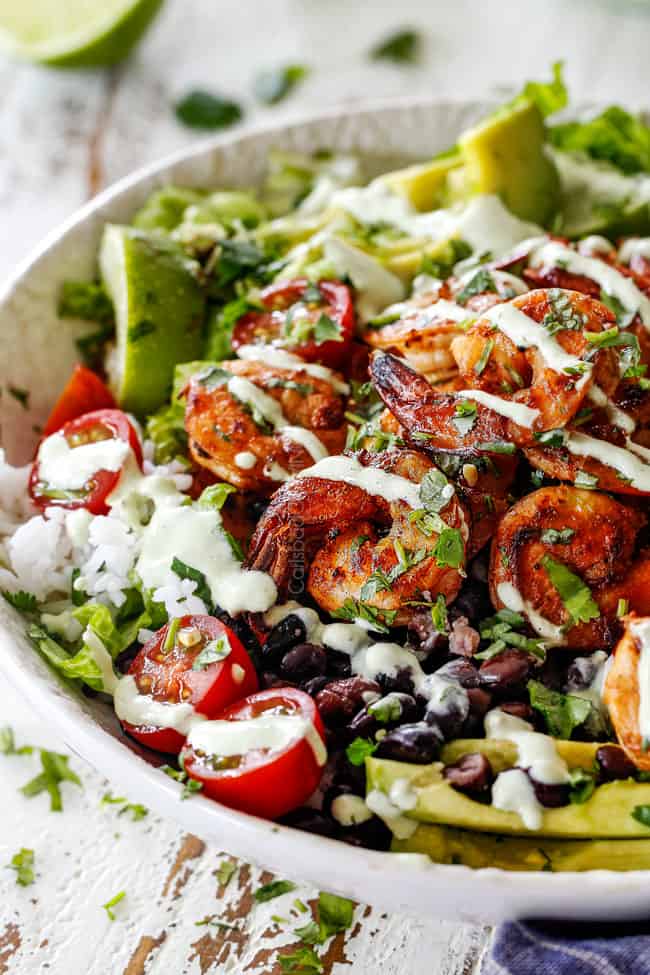 Chipotle Burrito Bowl with shrimp, tomatoes, avocados, corn, black beans and rice