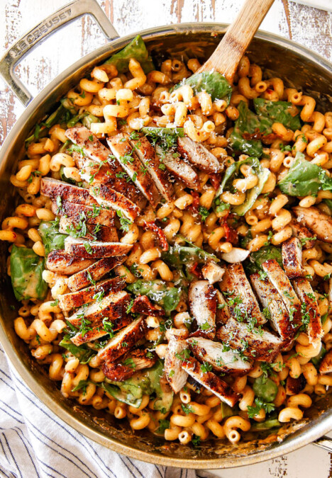 top view of Sun-Dried Tomato Pasta with chicken, spinach and sun-dried tomatoes
