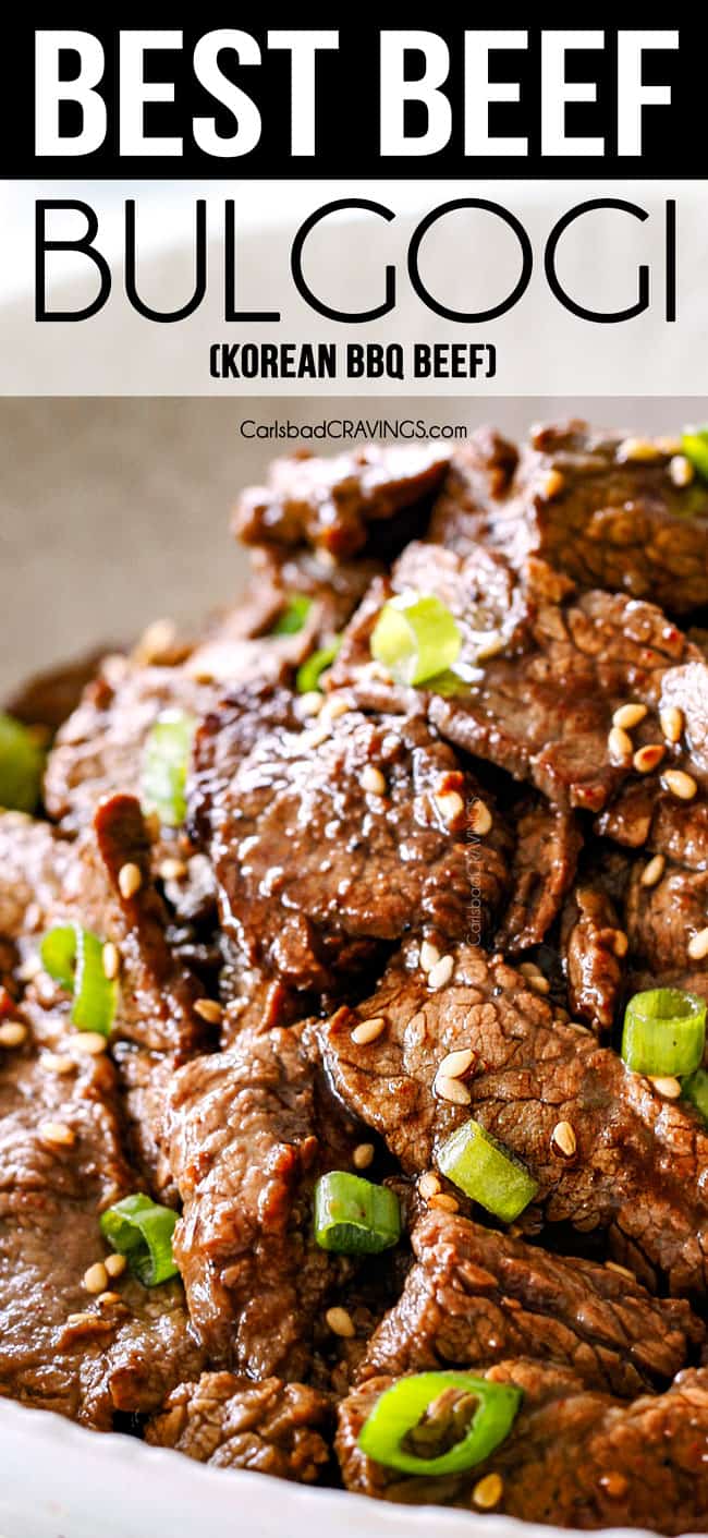 Up close of Best Beef Bulgogi with sesame seeds and green onions