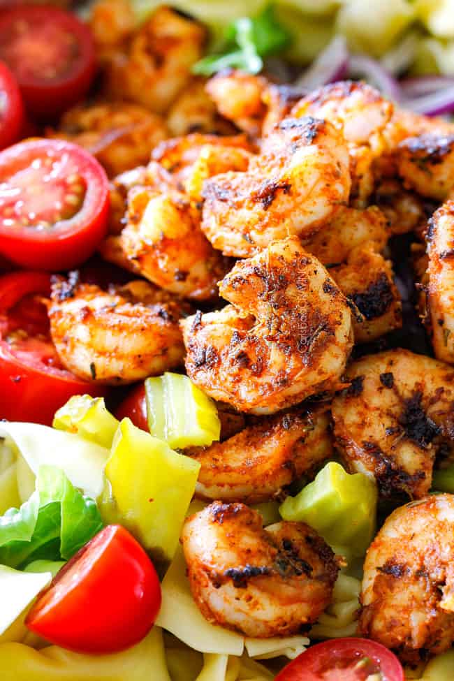 up close of Cajun Shrimp in Shrimp Pasta Salad
