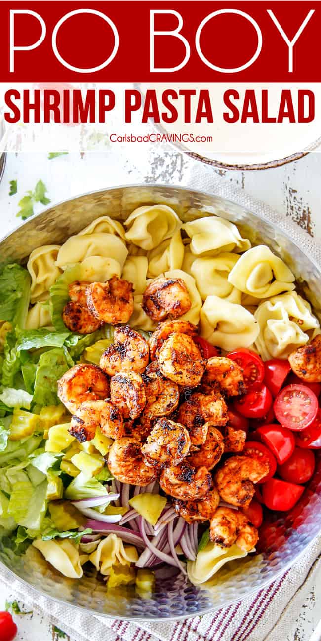 Top view of easy Shrimp Pasta salad with tortellini, lettuce, tomatoes and shrimp