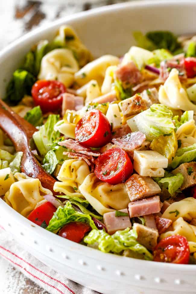 up close of pasta salad with tortellini