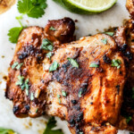 up close top view of a piece of lemongrass chicken cooked in the skillet