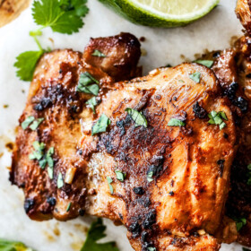 up close top view of a piece of lemongrass chicken cooked in the skillet