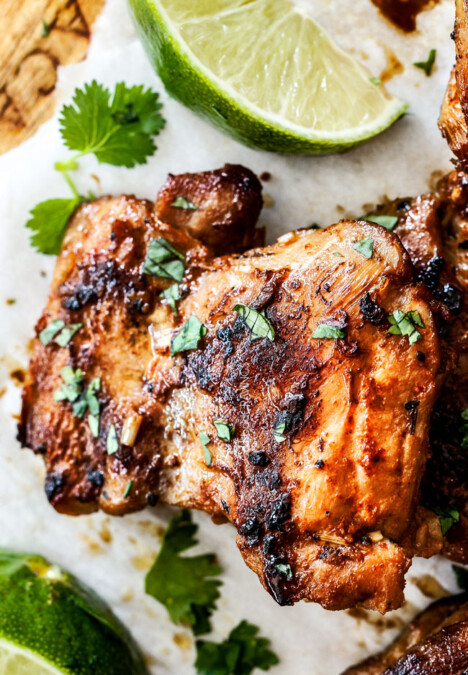 up close top view of a piece of lemongrass chicken cooked in the skillet