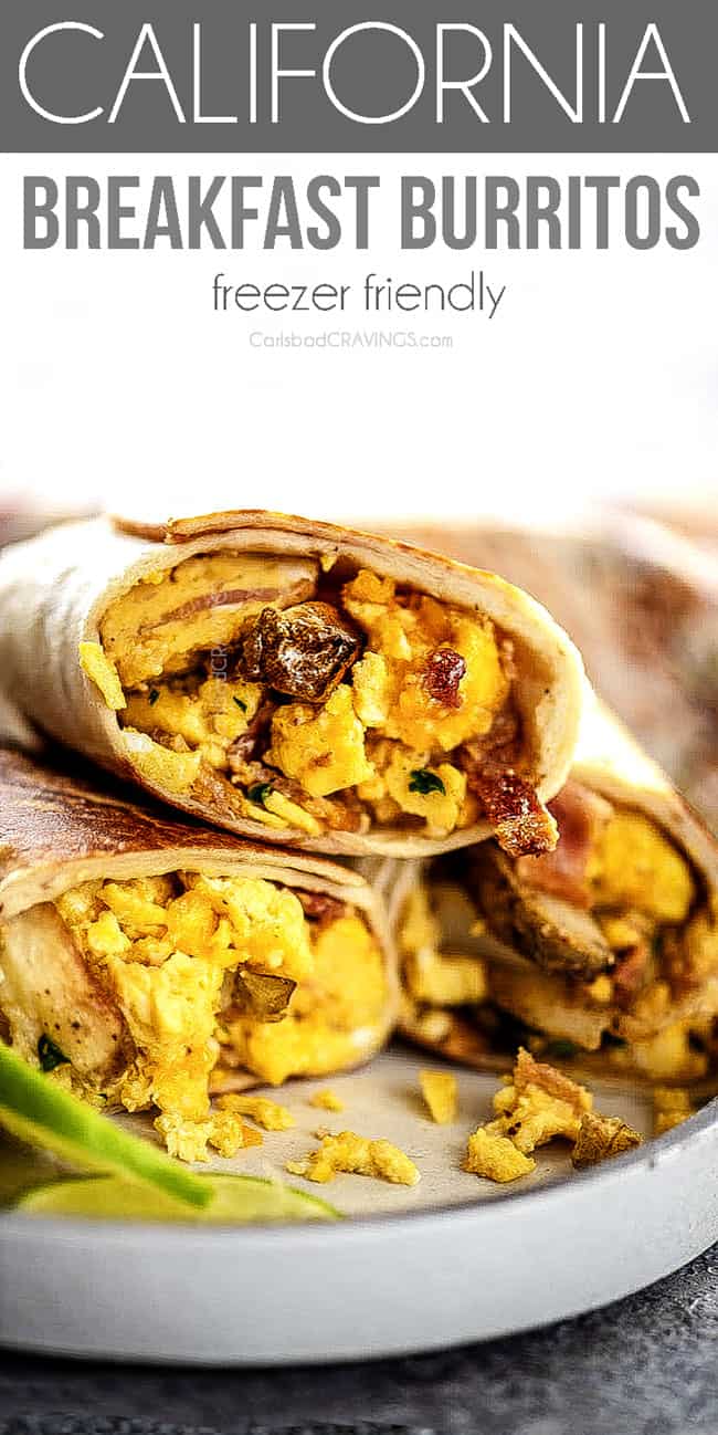 up close of easy Breakfast Burritos with eggs, bacon and cheese