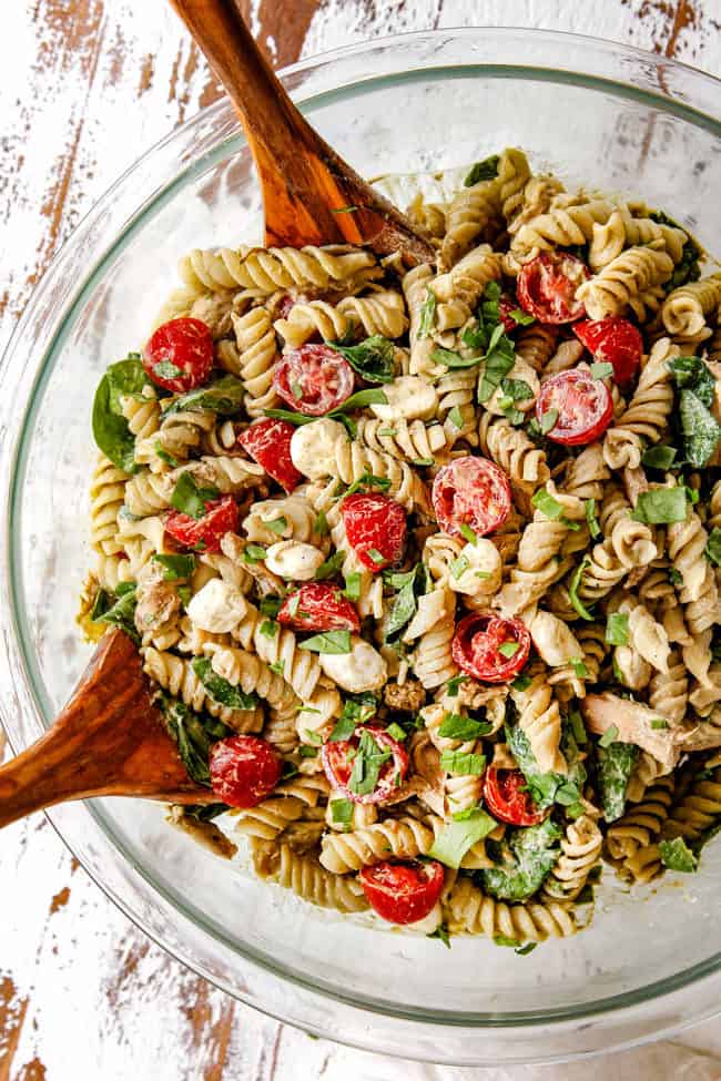 top view of a bowl of healthy Caprese pasta salad