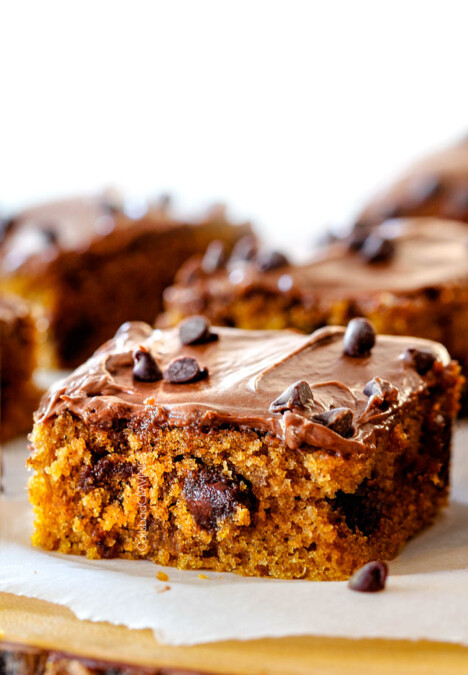 up close front view of easy pumpkin bars with cream cheese frosting