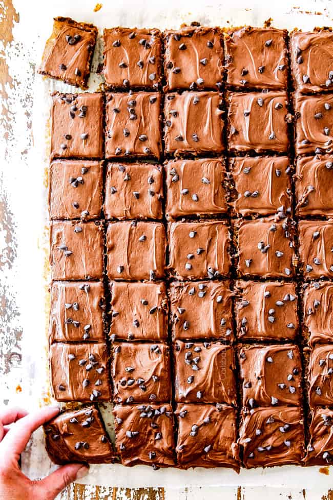 top shot of pumpkin bars with cream cheese frosting with chocolate chips
