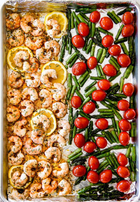 top view of shrimp scampi on a baking sheet