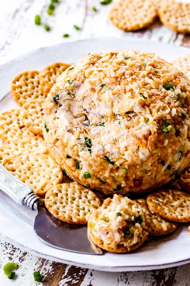 Pineapple Cheese Ball with some cheese spread missing