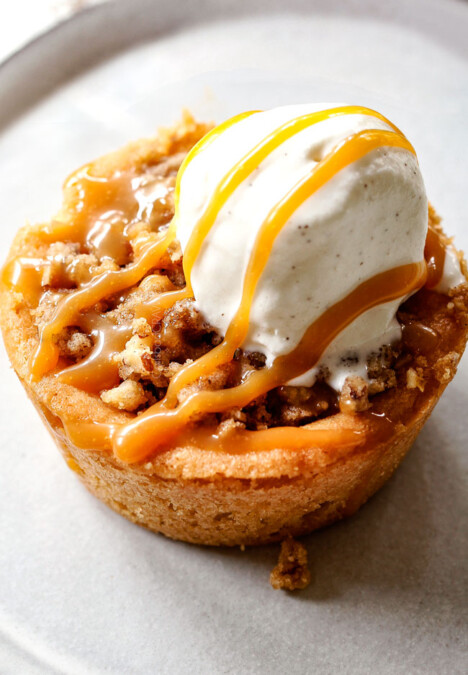 up close of kraft caramel apple pie with vanilla ice cream