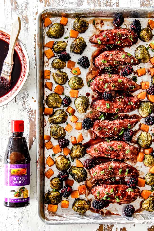 top view of hoisin chicken on a sheet pan with vegetables