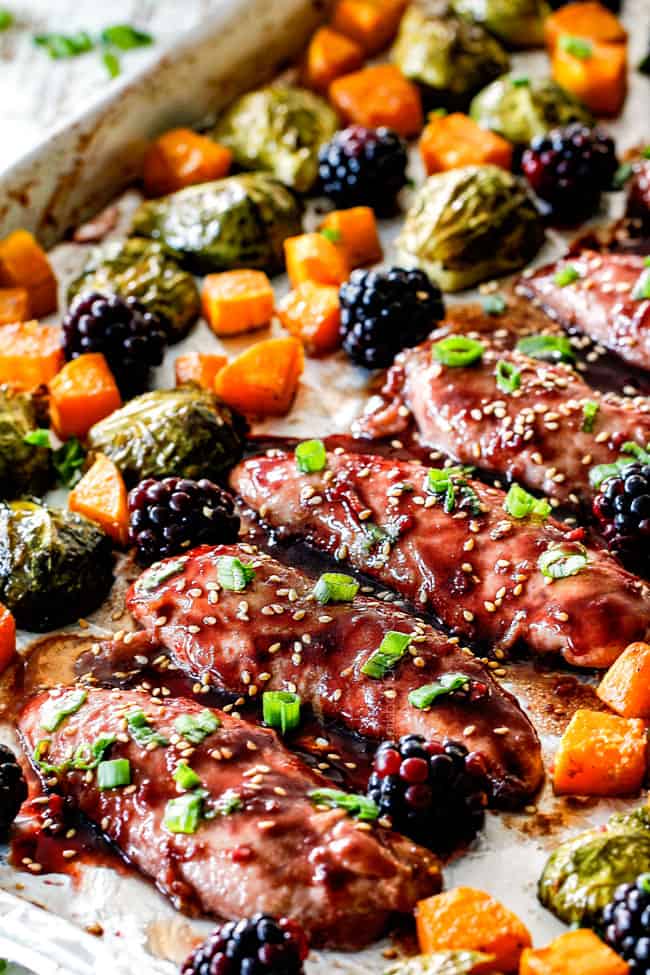 hoisin chicken in a row on a sheet pan