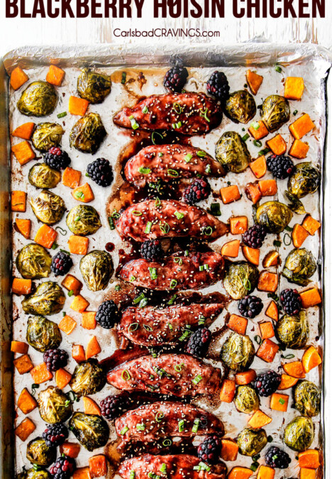 top view of hoisin chicken on a sheet pan with butternut squash and brussels sprouts