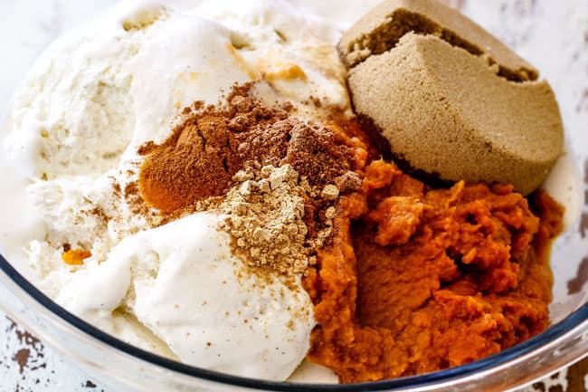 showing how to make ice cream pie with vanilla ice cream, pure pumpkin, brown sugar, cinnamon and ginger