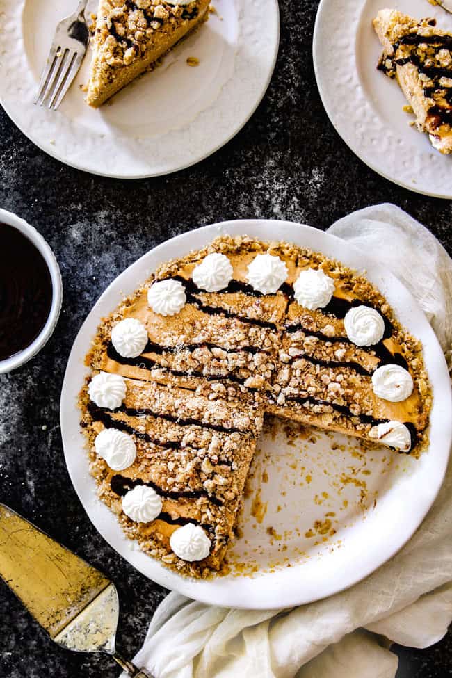 top view of ice cream pie with a slice out of it