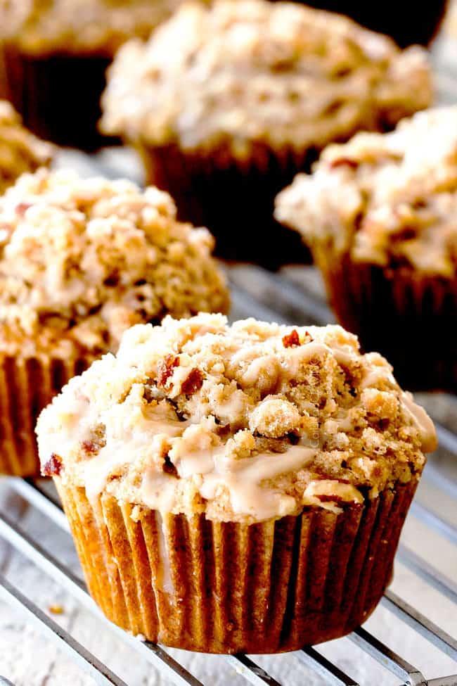 up close of an easy pumpkin muffin on a cooling rack