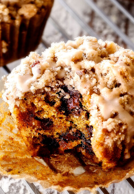 up close of the best pumpkin muffin with a bite out of it