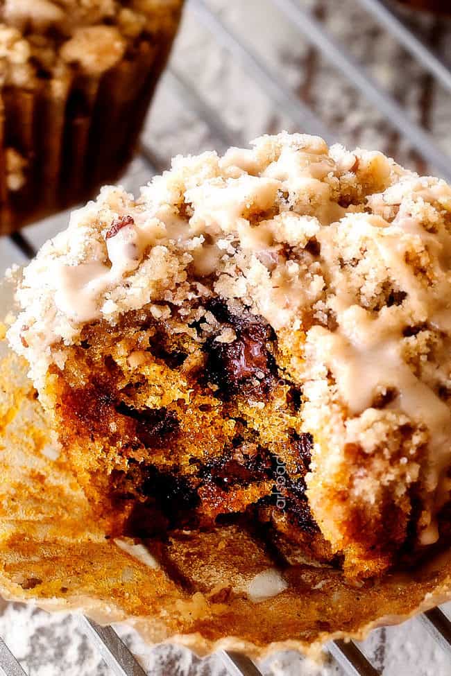 up close of the best pumpkin muffin with a bite out of it