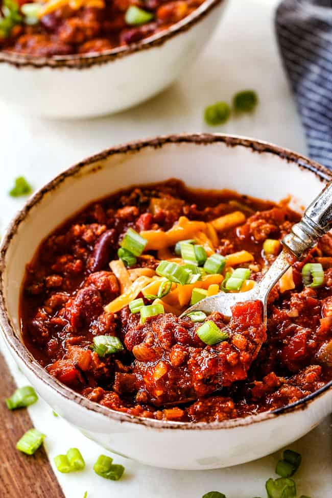 a bowl full of healthy turkey chili recipe
