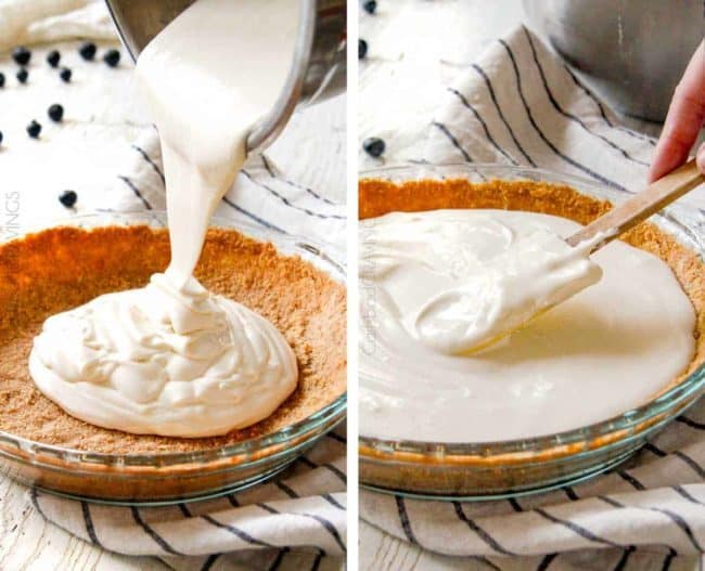 showing how to make blueberry cheesecake by pouring cheesecake into crust and smoothing