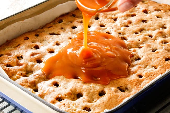 showing how to make poke cake by pouring caramel all over cake