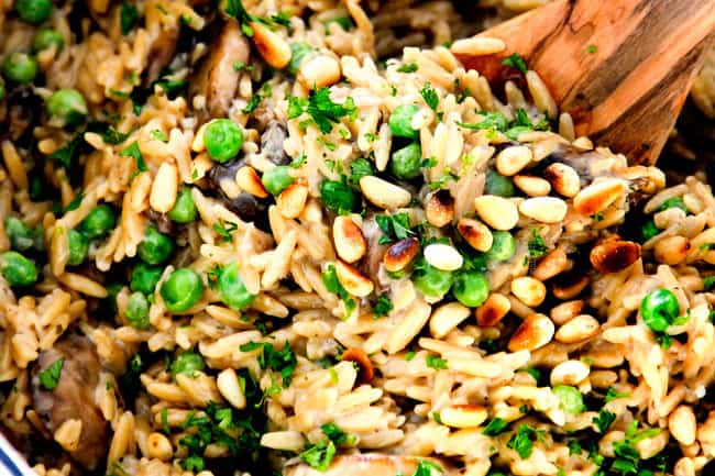 showing how to make orzo pasta recipe by stirring orzo in a pot