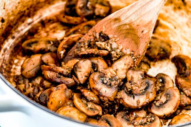 showing how to cook orzo pasta by cooking mushrooms in stock pot