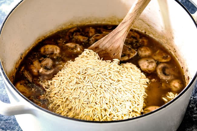 showing how to cook orzo pasta by adding orzo to chicken broth in a stock pot