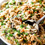 up close of a spoon scooping cheesy orzo pasta recipe in a white bowl