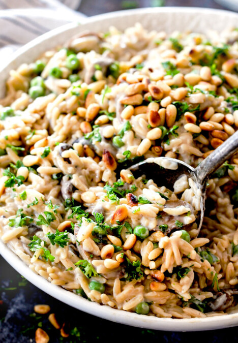 up close of a spoon scooping cheesy orzo pasta recipe in a white bowl