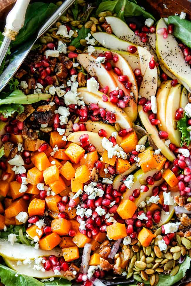 healthy fall salad with apples, pears, butternut squash, pomegranate seeds